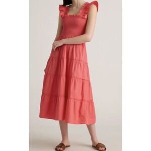 Quince 100%Organic Cotton Poplin Smocked Midi Dress Women S Coral Sleeveless